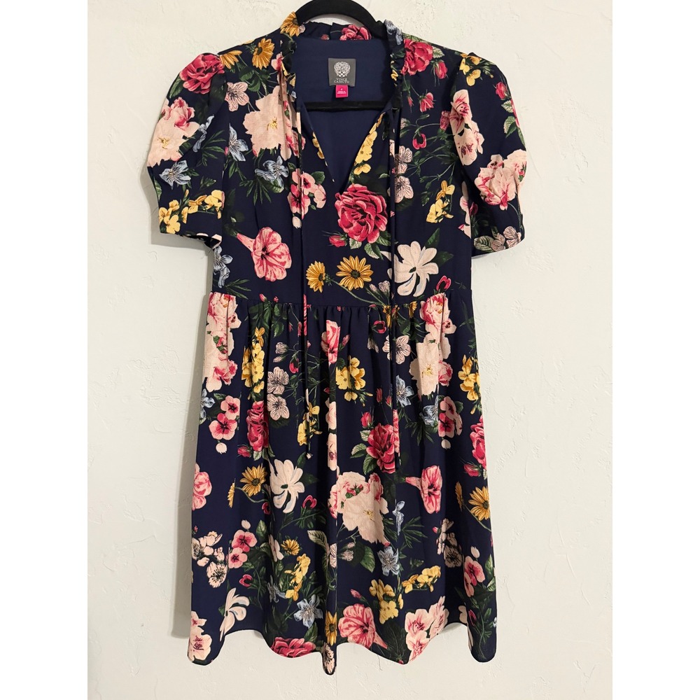 Vince Camuto Navy Floral Ruffle V-Neck Puff Sleeve Mini Dress Size 4 Botanical